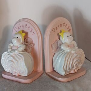 Mud Pie Princess Ceramic & Wood Bookends - Pink and White